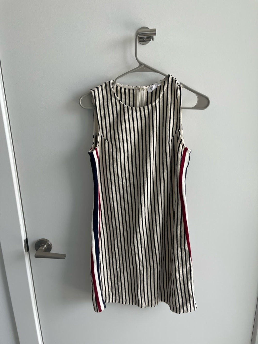 THML Striped Sleeveless Shift Dress in White with Navy & Red Trim